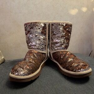 UGG Australia Classic Short Sparkle Sequin Boots Bronze Silver Metallic Womens